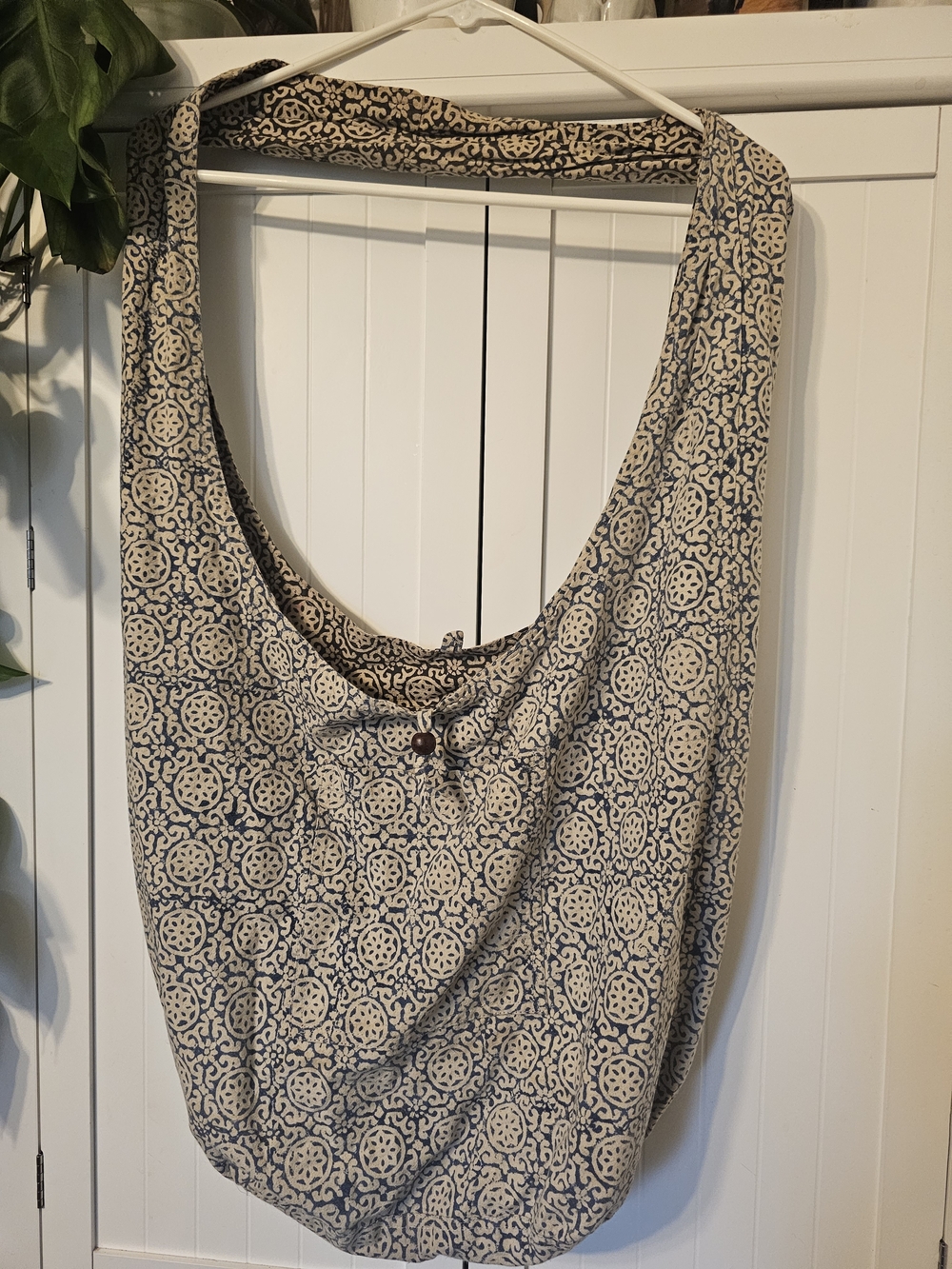 Boho Neutral Printed Reversible Hobo Bag - Beige & Navy/ Beige & Coffee Brown